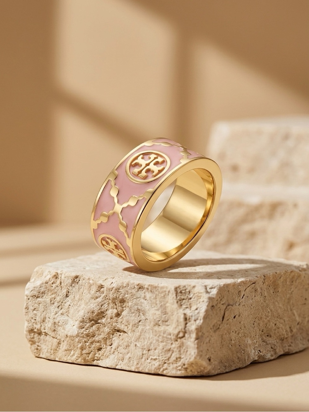 Tory Burch Pink and Gold Logo Dome Ring
